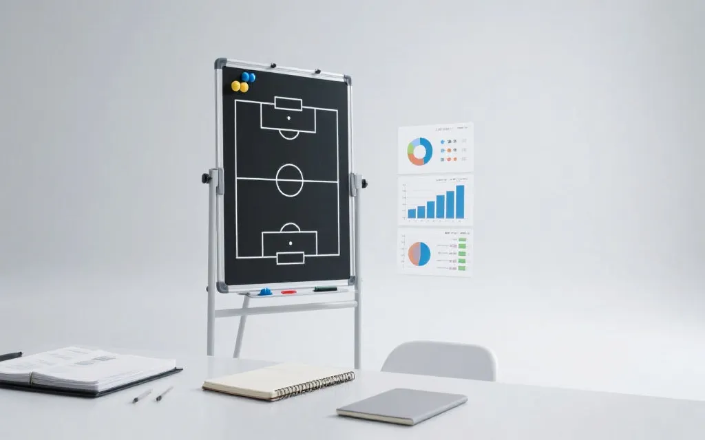 战术板上画着阵型与跑动箭头，旁边有统计图表与笔记本，简洁现代风