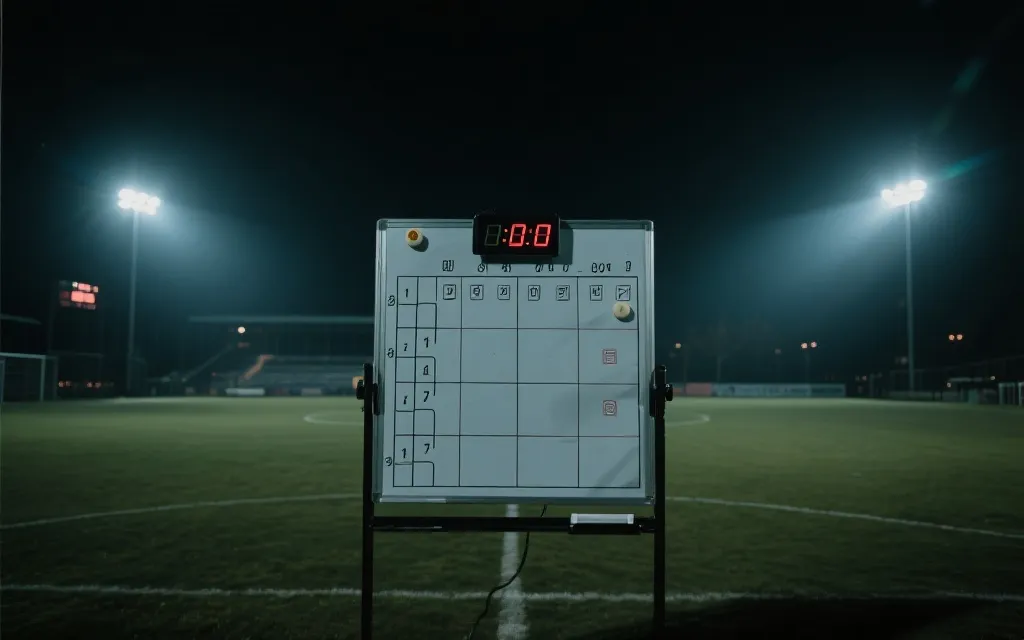 夜晚球场聚光灯下的战术板与计时器，象征决赛压力与细节决胜